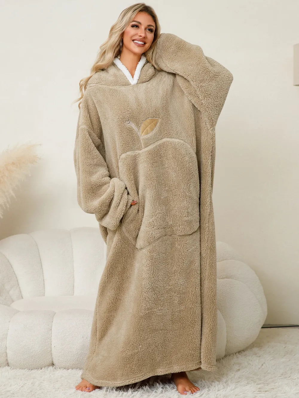 Pocketed Contrast Long Sleeve Hooded Lounge Dress - Fashorio