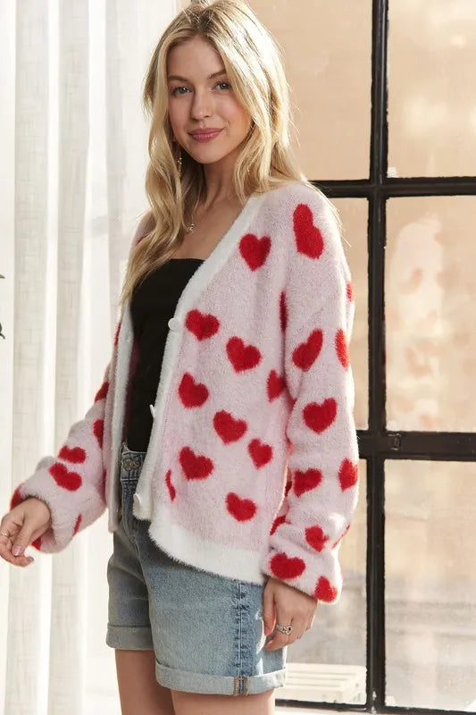 ADORA Fuzzy Heart Button Down Cardigan - Fashorio
