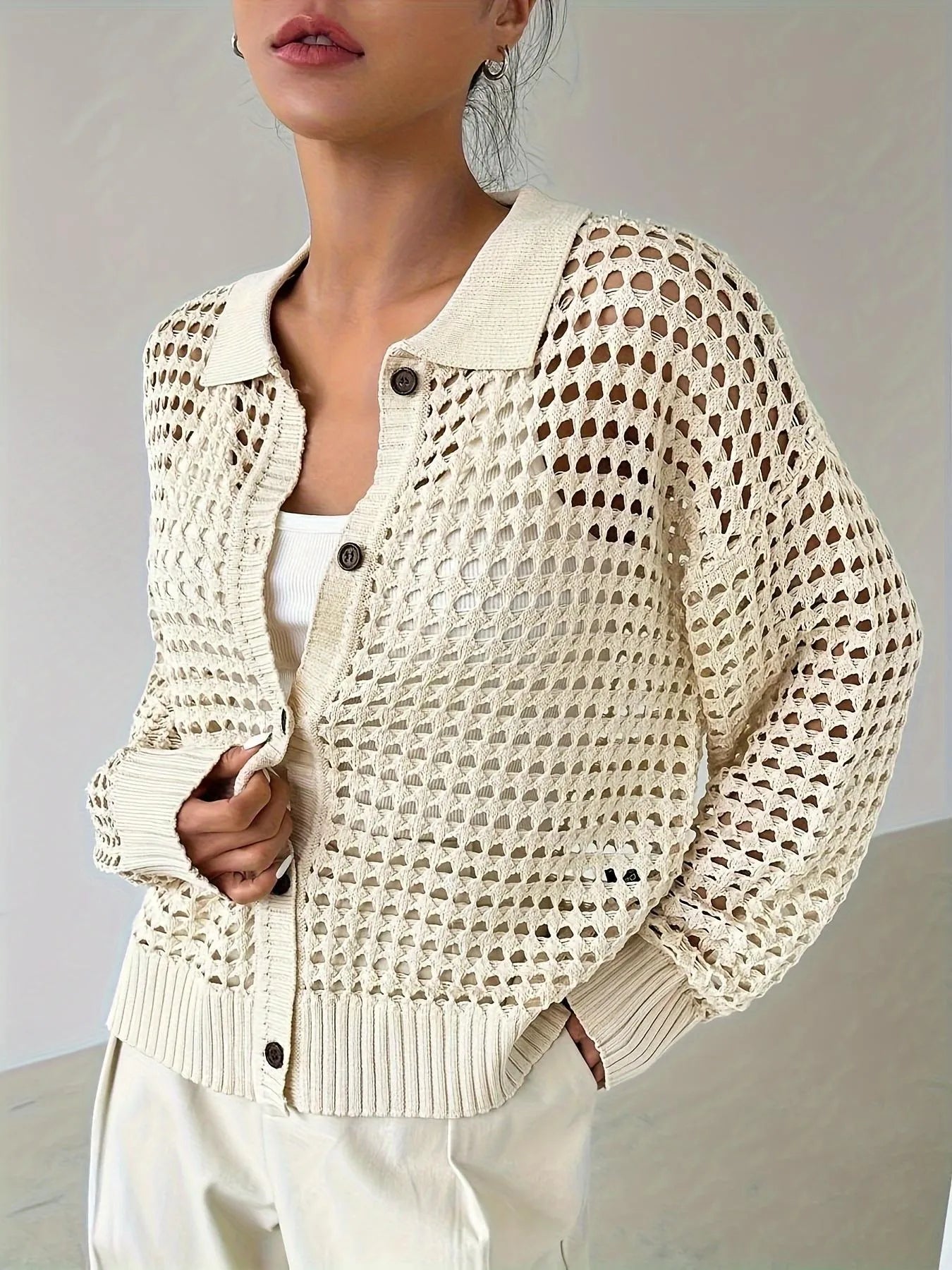 Hollow Out Knit Button Front Cardigan - Fashorio