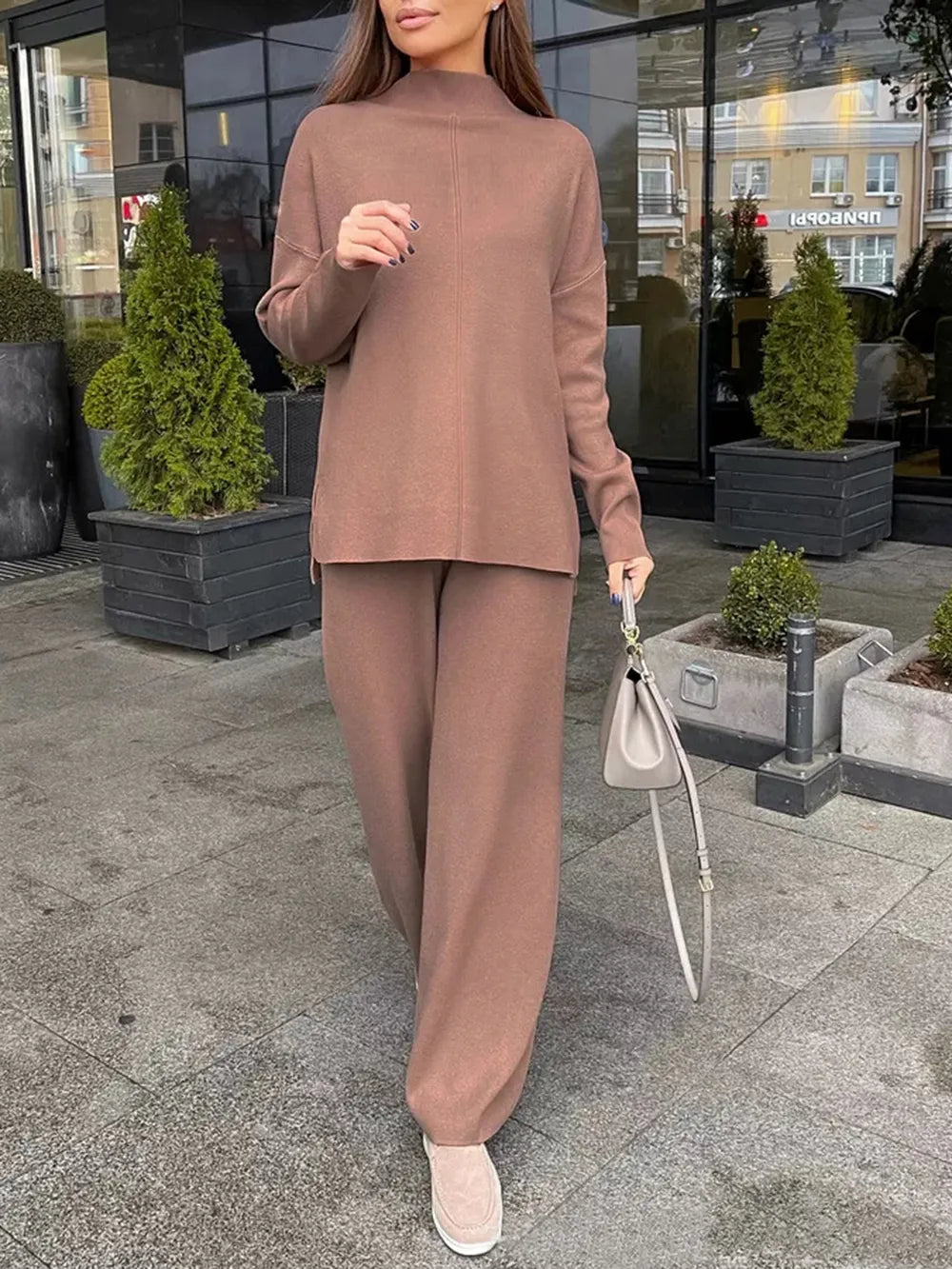 Slit Mock Neck Top and Pants Sweater Set - Fashorio
