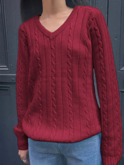 Cable Knit V-Neck Pullover Sweater Burgundy - Fashorio