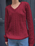 Cable Knit V-Neck Pullover Sweater Burgundy - Fashorio