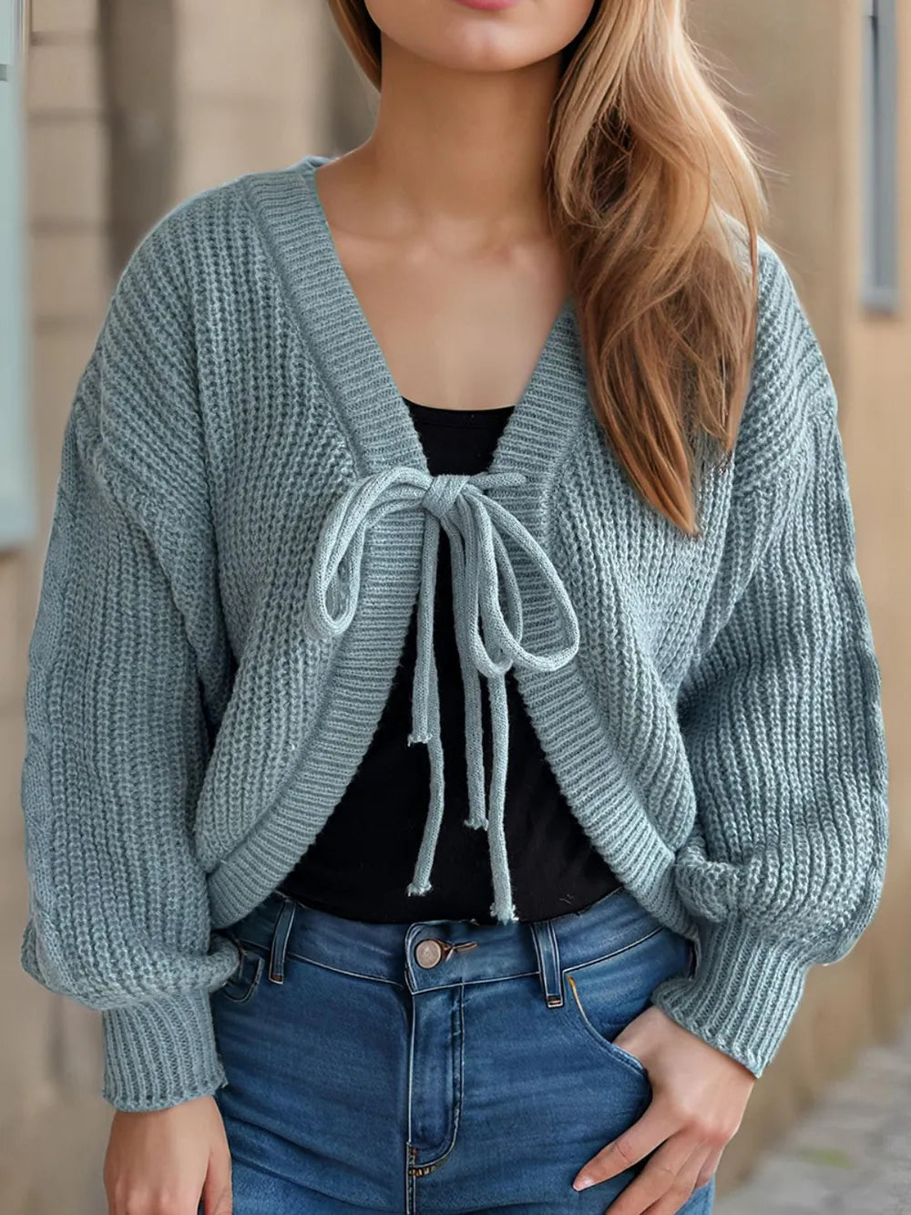Tied Dropped Shoulder Long Sleeve Cardigan - Fashorio