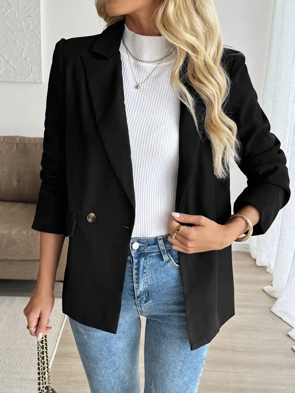 Perfee Lapel Collar Long Sleeve Blazer - Fashorio