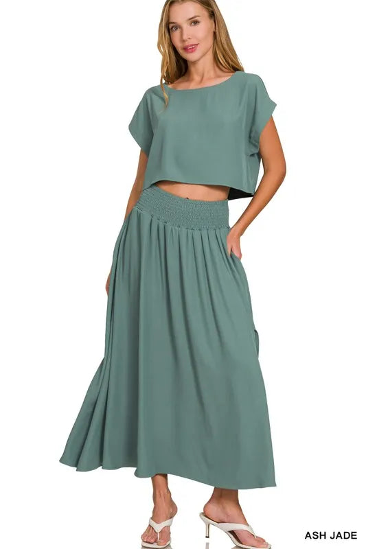Zenana Heavy Woven Span Crop Tee & Skirt Set ASH JADE - Fashorio