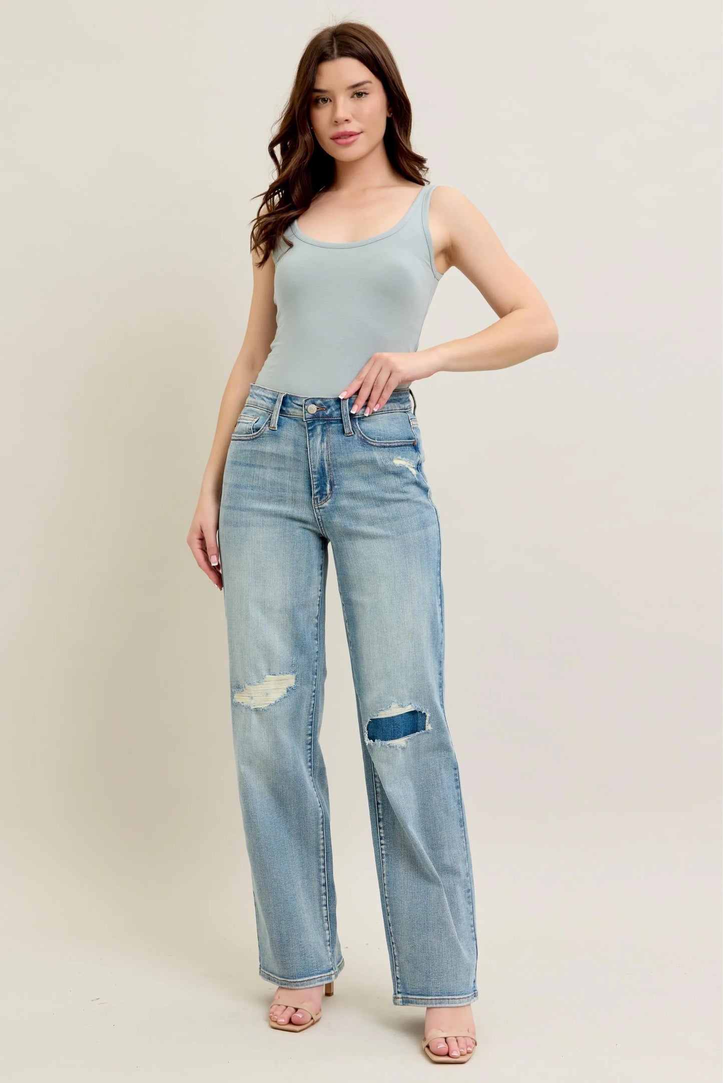 Judy Blue Full Size Hw Destroy & Knee Patch Straight Jeans Plus Size - Fashorio