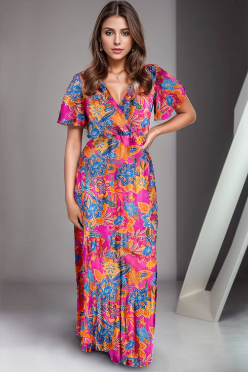 Printed Surplice Short Sleeve Maxi Dress - Fashorio