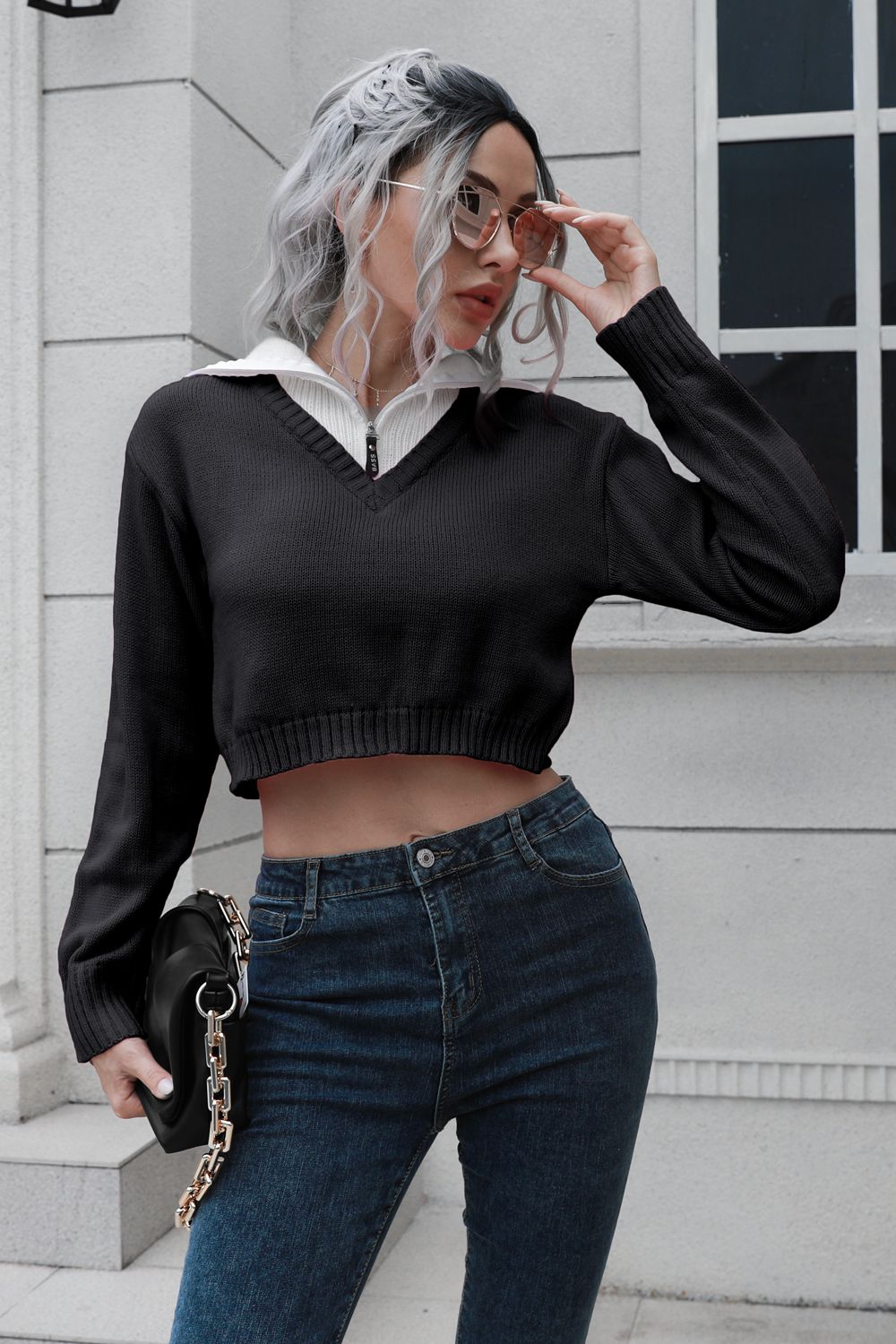 Contrast Collared Cropped Sweater Black - Fashorio
