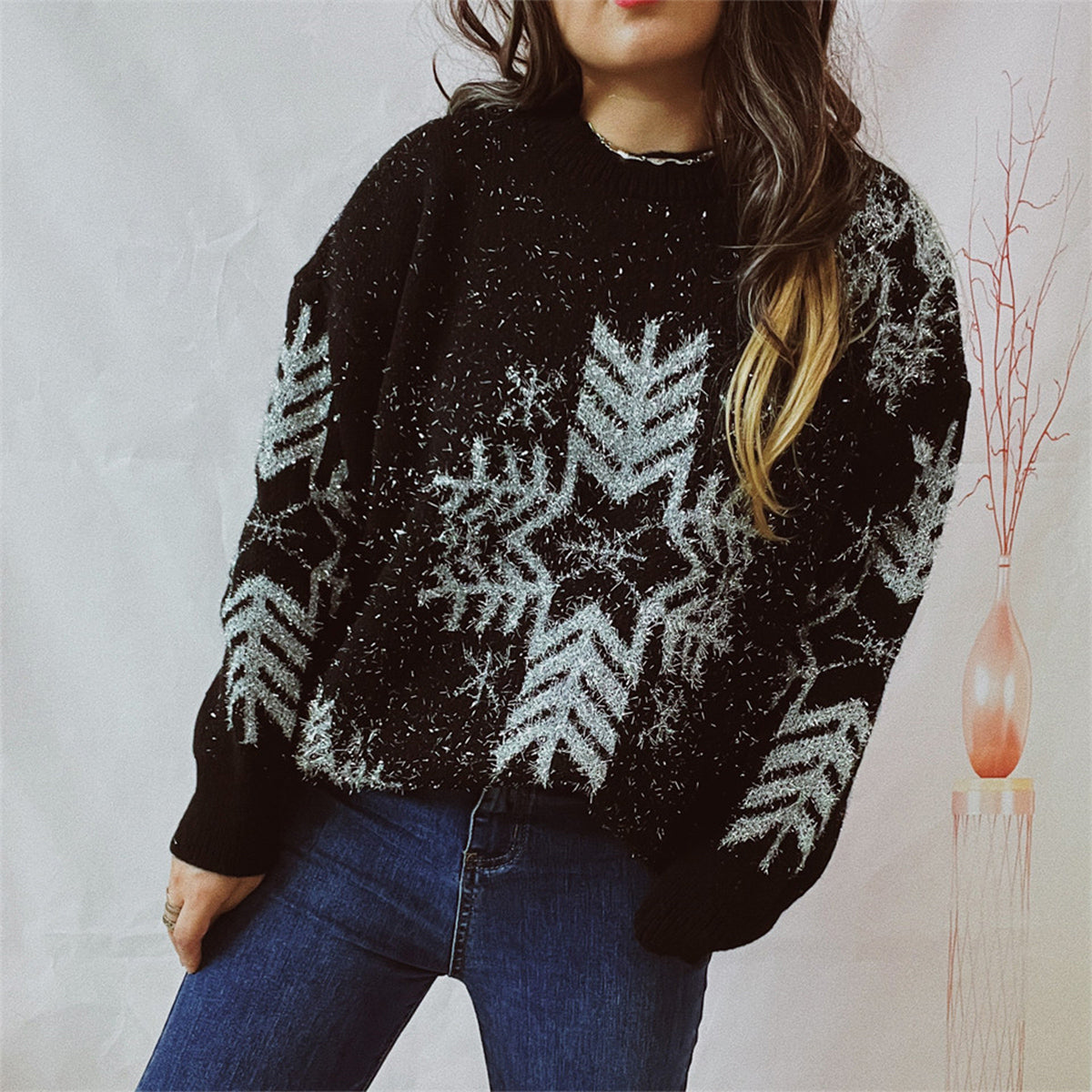 Snowflake Pattern Long Sleeve Sweater - Fashorio