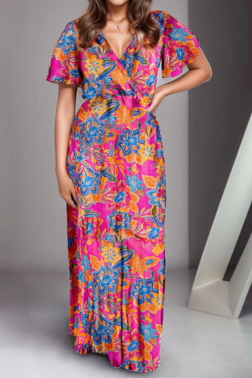 Printed Surplice Short Sleeve Maxi Dress Multicolor - Fashorio