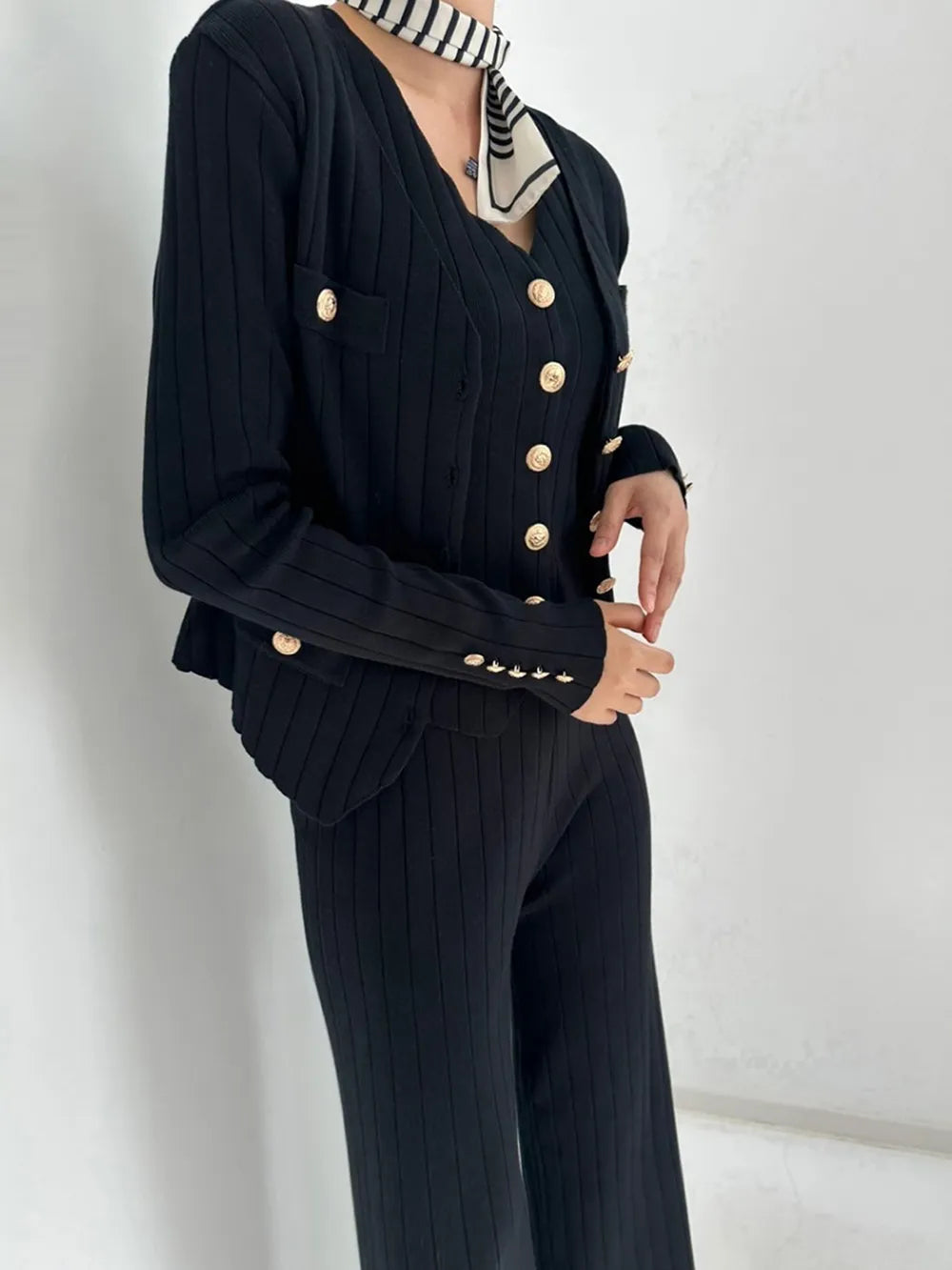 V-Neck Tank, Cardigan and Pants Three-Piece Sweater Set Black One Size - Fashorio