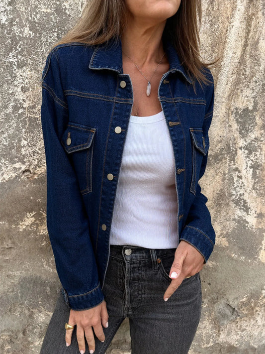 Button Up Long Sleeve Denim Jacket Blue - Fashorio