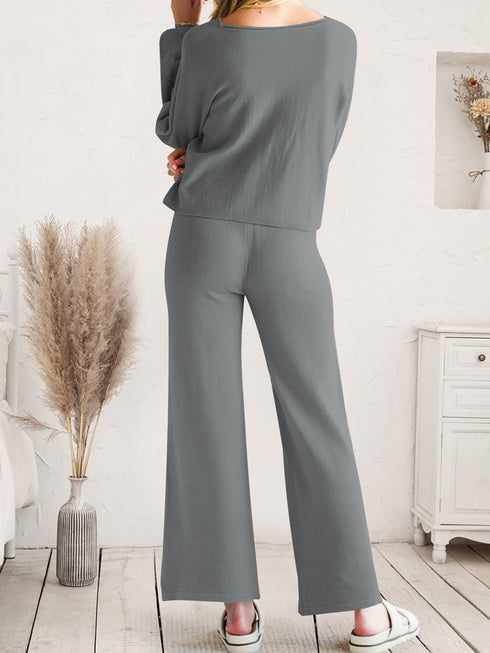 Long Sleeve Lounge Top and Drawstring Pants Set - Fashorio