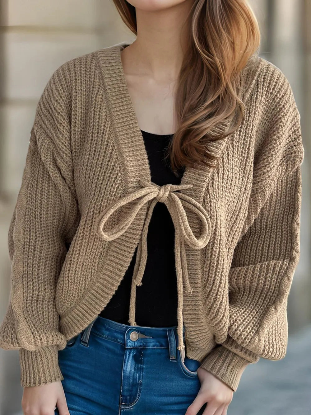 Tied Dropped Shoulder Long Sleeve Cardigan - Fashorio