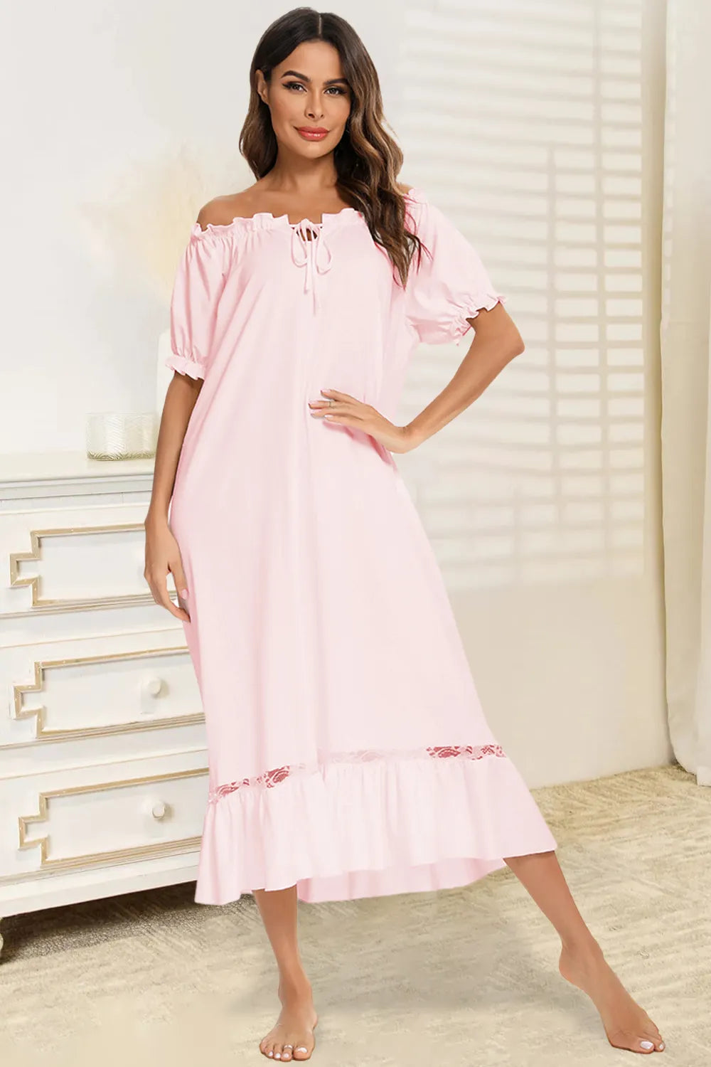 Lace Detail Short Sleeve Lounge Dress Blush Pink - Fashorio