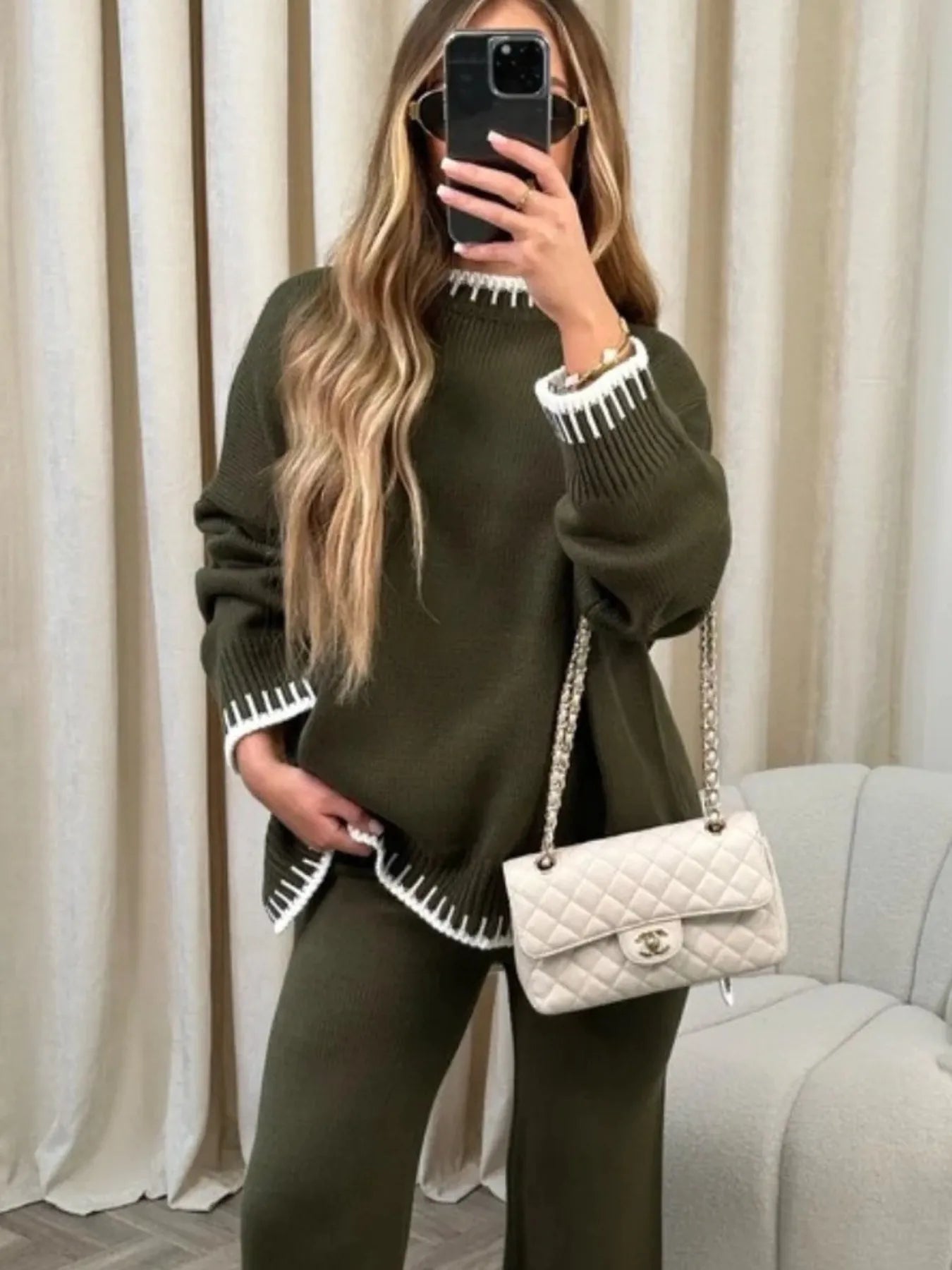 Contrast Trim Round Neck Top and Pants Sweater Set - Fashorio