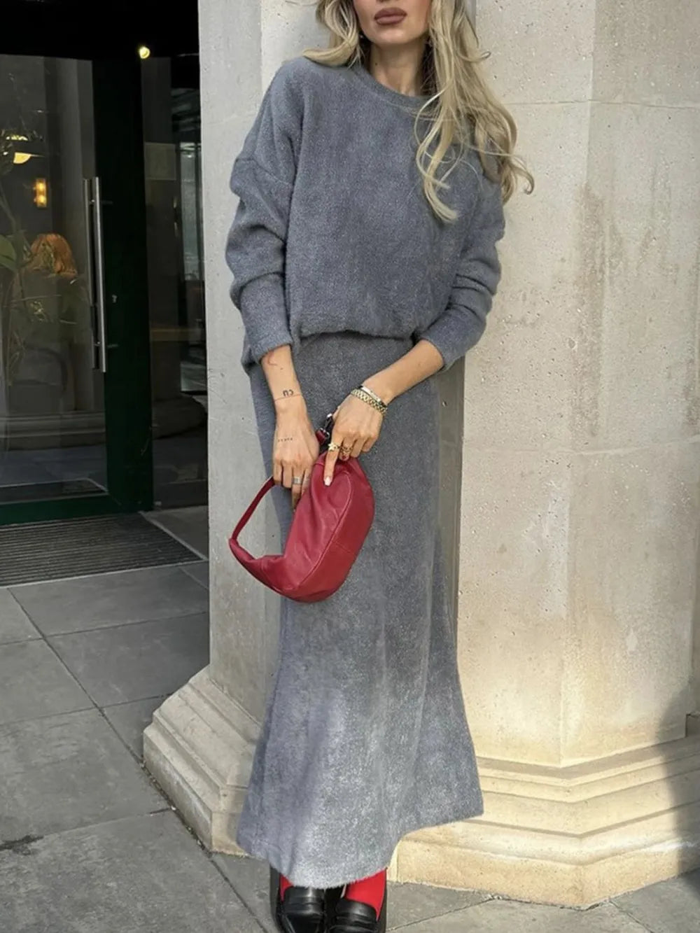 Round Neck Dropped Shoulder Top and Midi Skirt Sweater Set Dark Gray One Size - Fashorio
