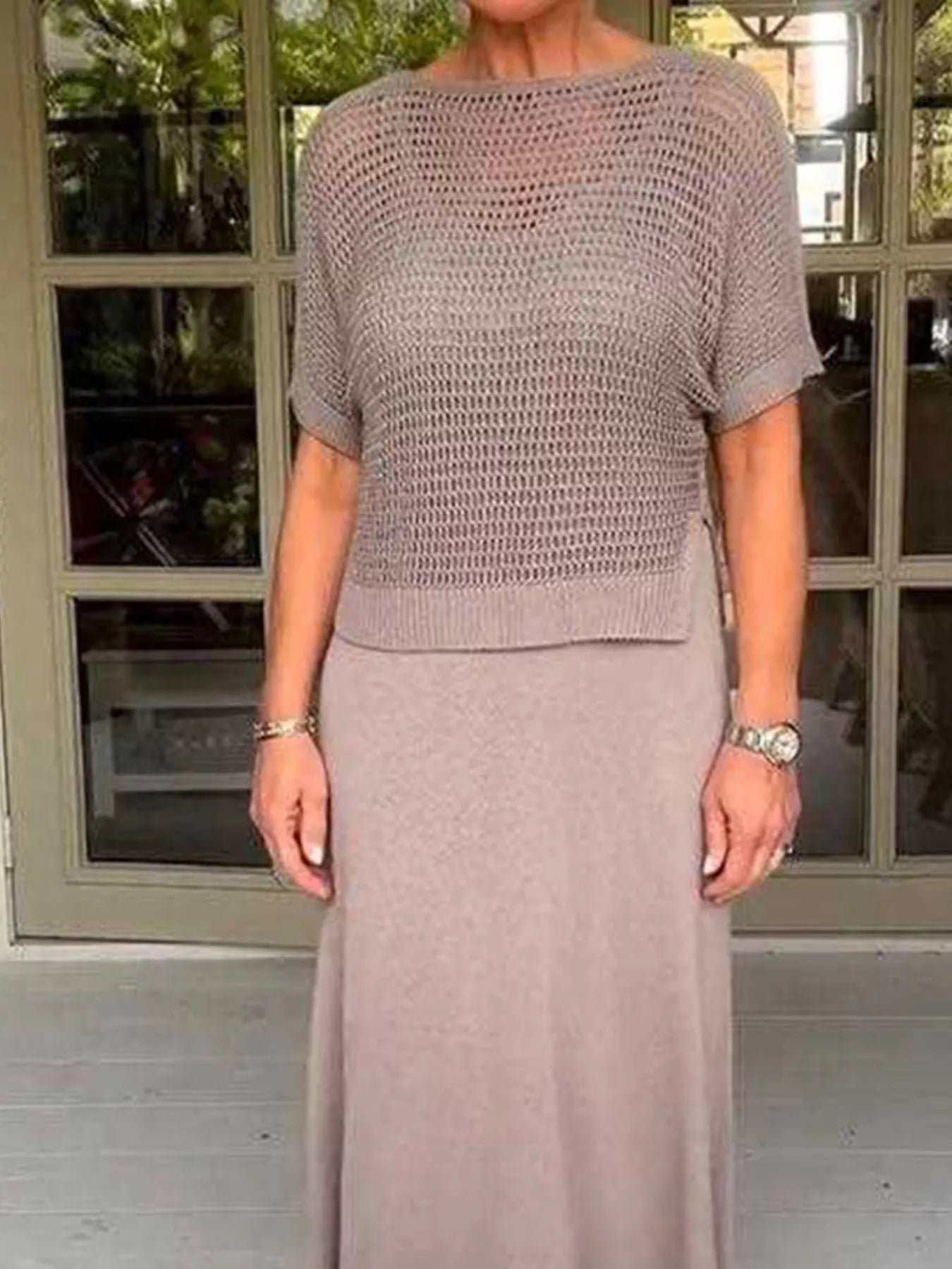 Full Size Openwork Knit Cover Up and Dress Set Plus Size Mocha - Fashorio