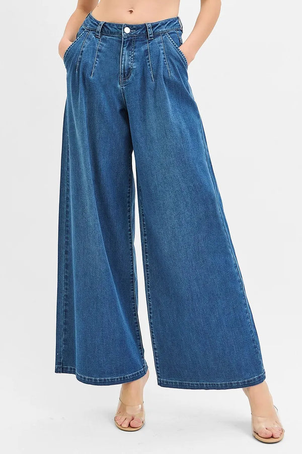 RISEN Mid Rise Fit Wide Leg Knit Denim Look Jeans MEDIUM - Fashorio