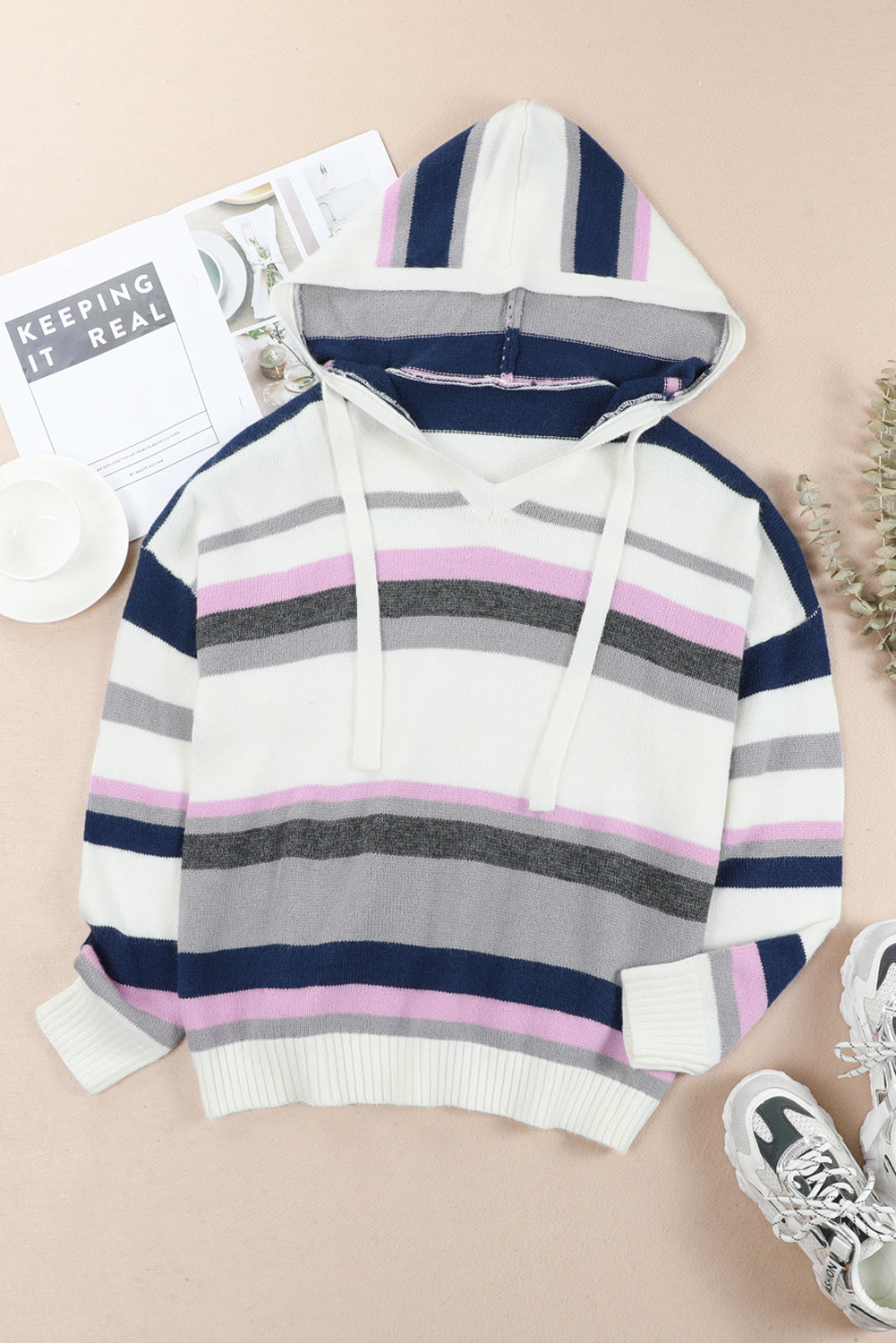 Plus Size Striped Long Sleeve Hooded Sweater - Fashorio