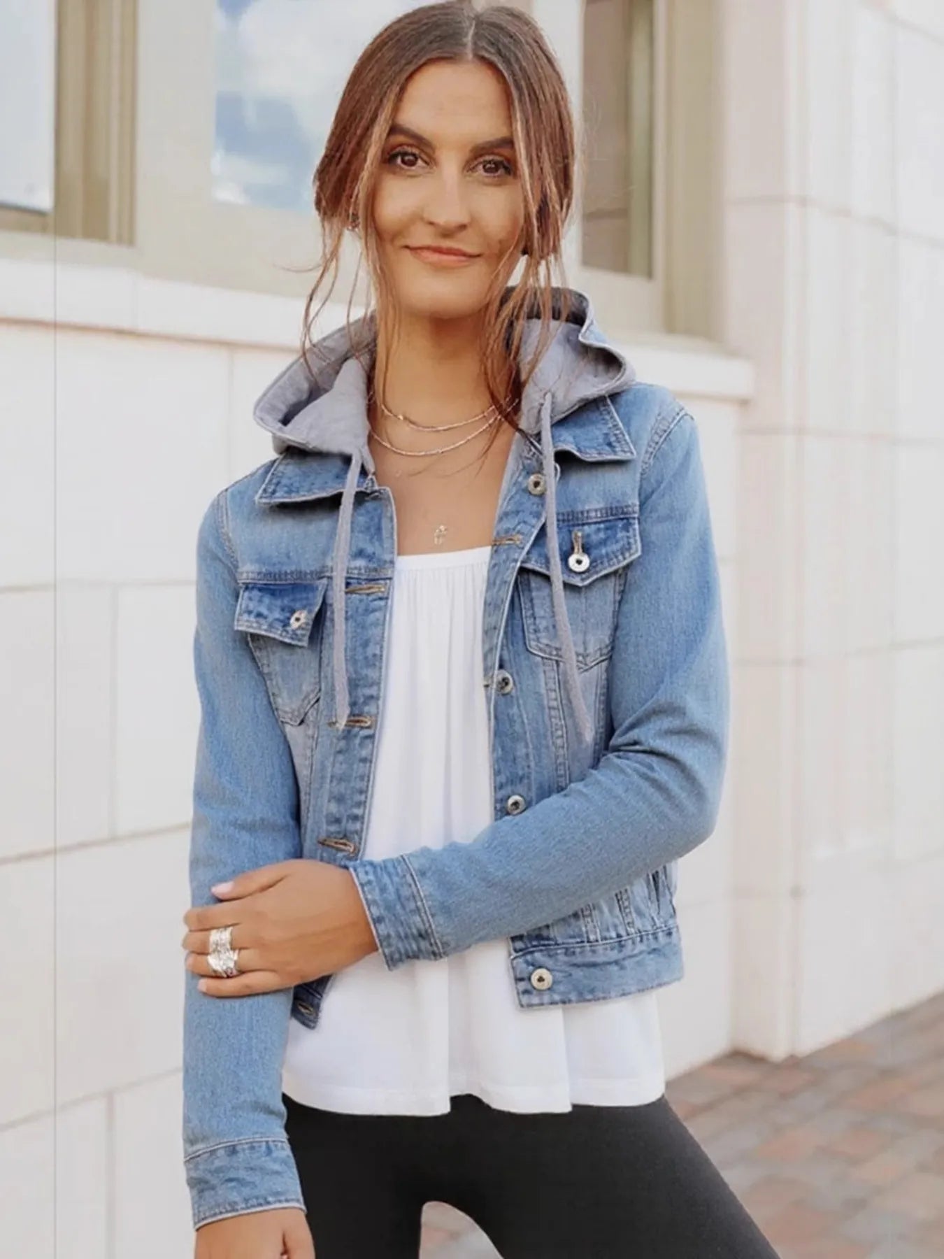Full Size Button Up Drawstring Hooded Denim Jacket Plus Size - Fashorio