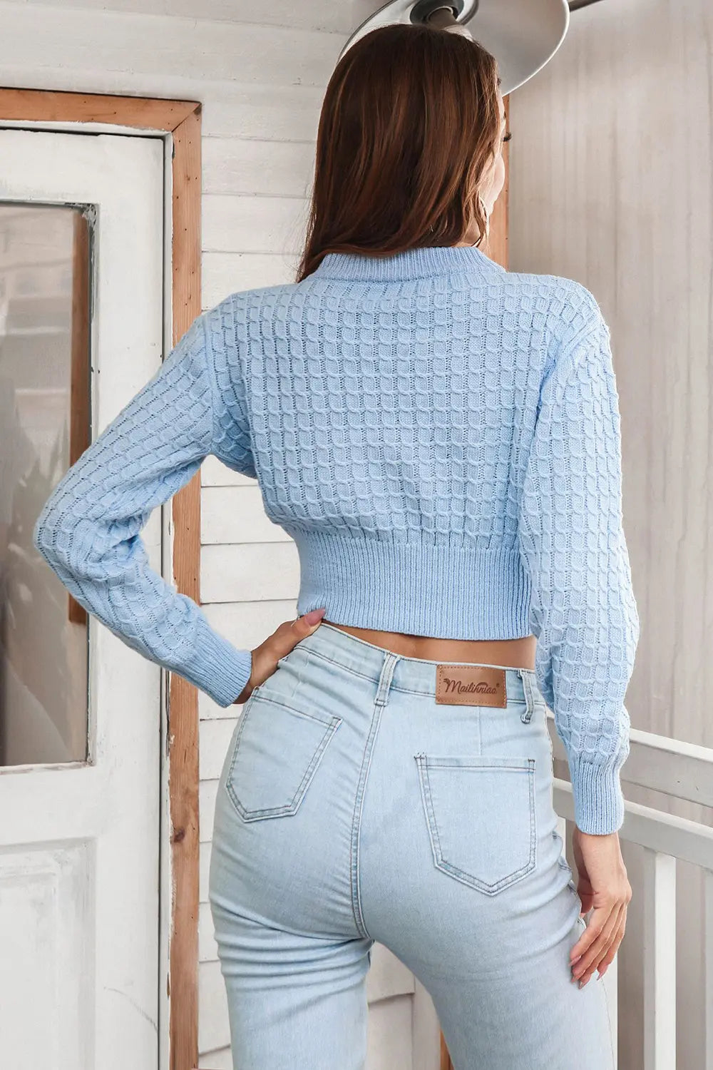 Round Neck Long Sleeve Cropped Sweater - Fashorio