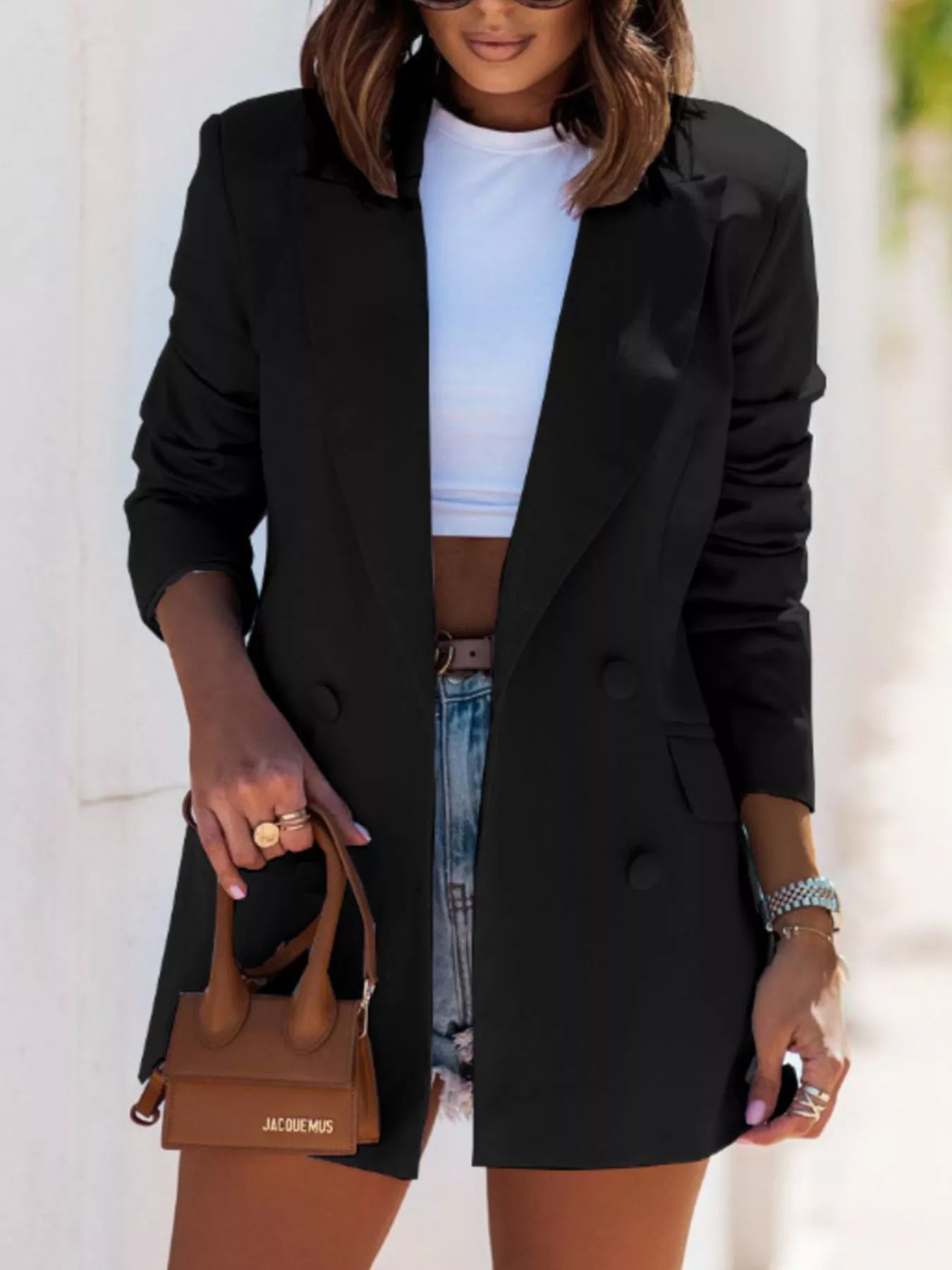 Lapel Collar Long Sleeve Blazer Black - Fashorio