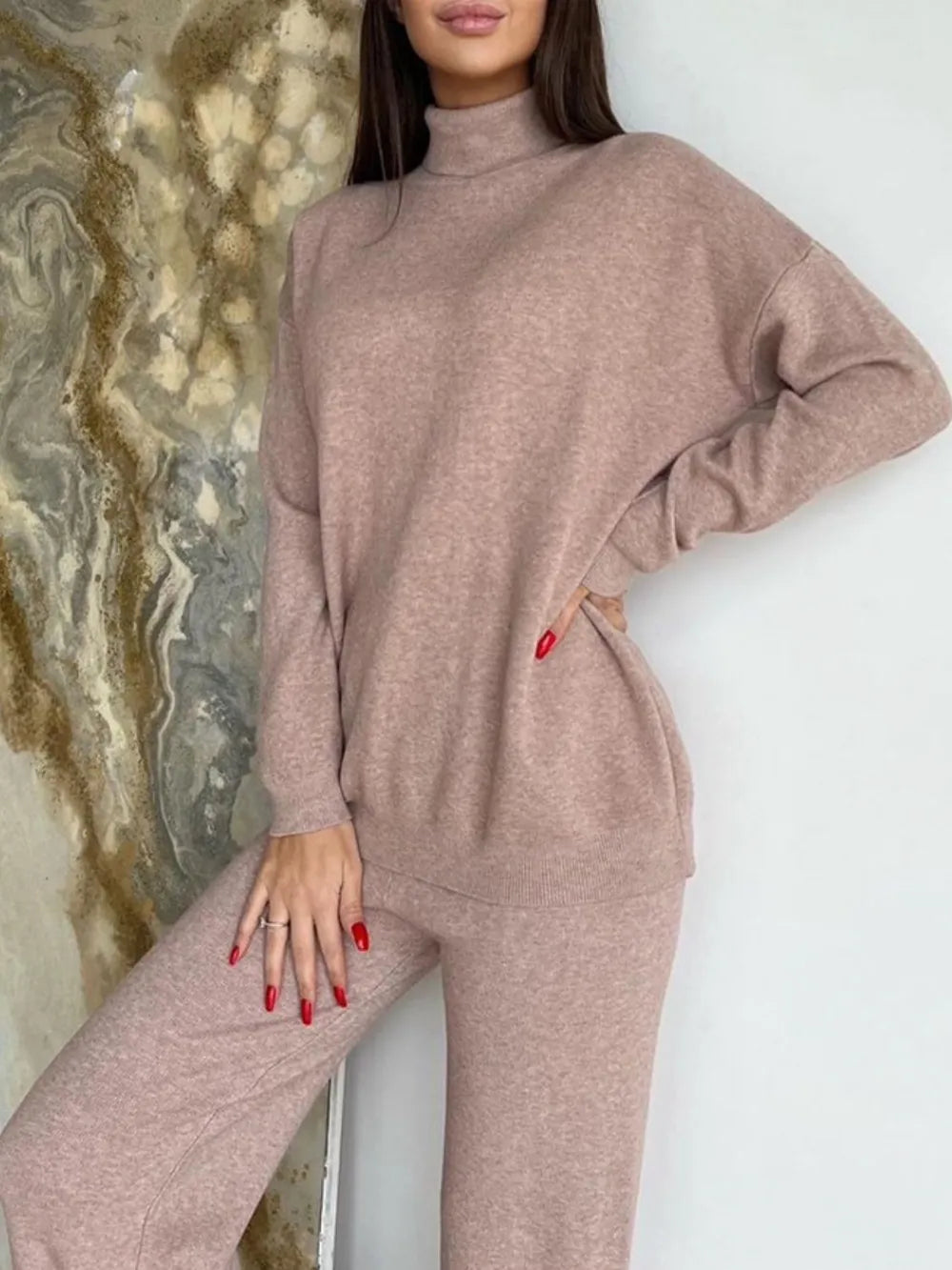Turtleneck Long Sleeve Top and Drawstring Pants Sweater Set Taupe One Size - Fashorio