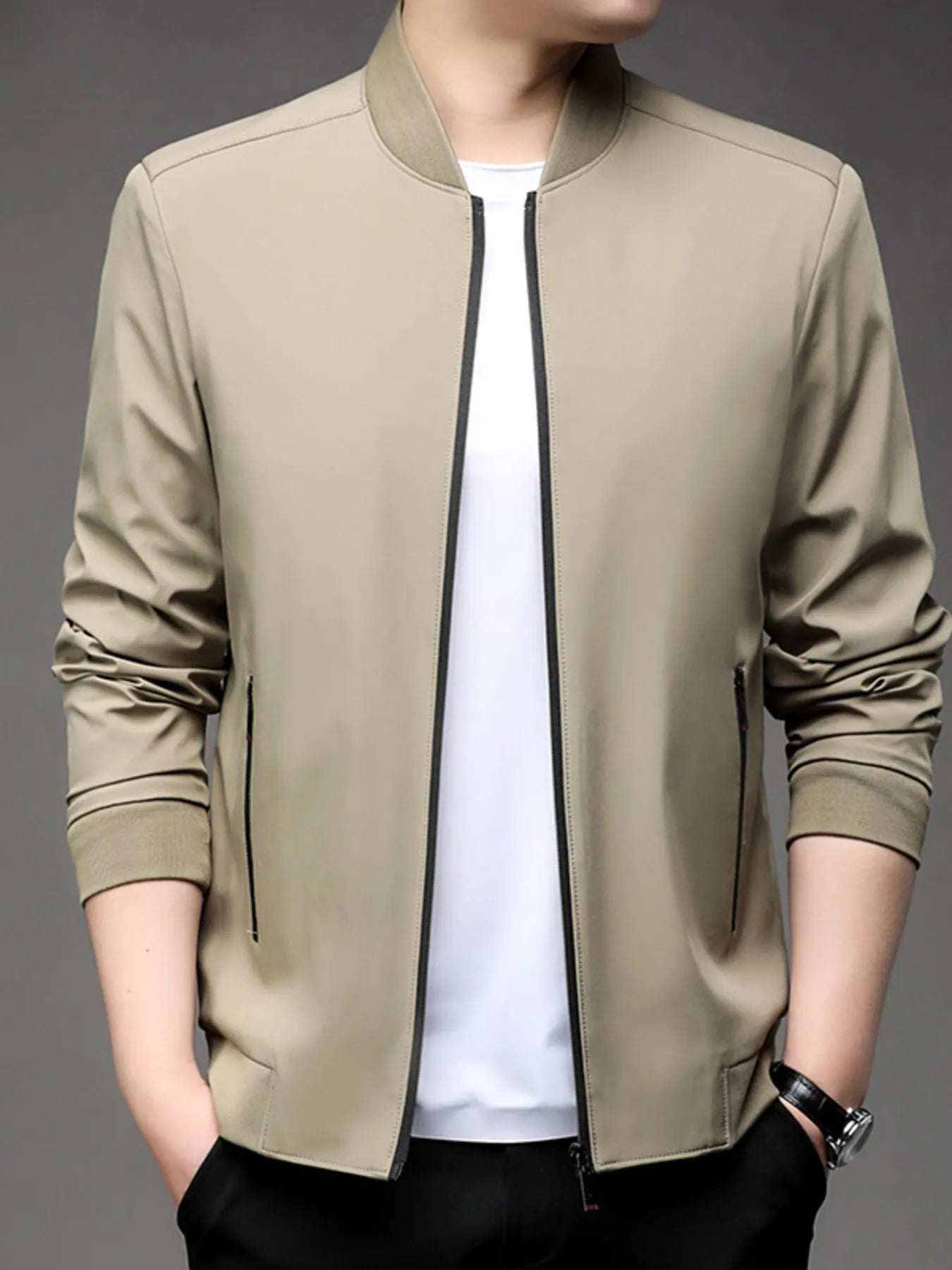 Men's Plus Size Full Zip Front Closure Bomber Jacket with Pockets Khakis - Fashorio