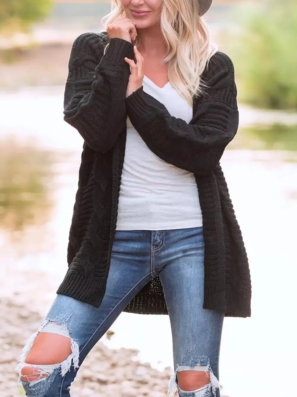 Cable-Knit Open Front Long Sleeve Cardigan Black - Fashorio
