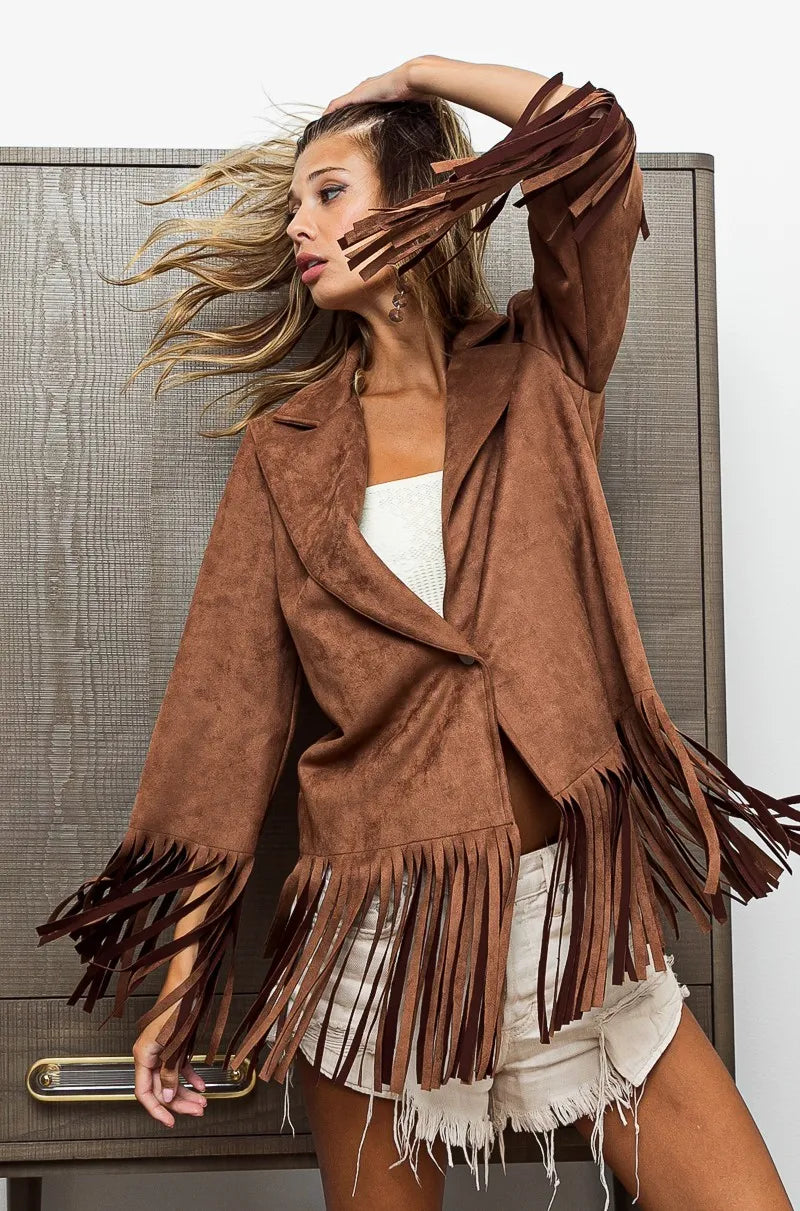 BiBi Single Blazer with Fringed Hem - Fashorio