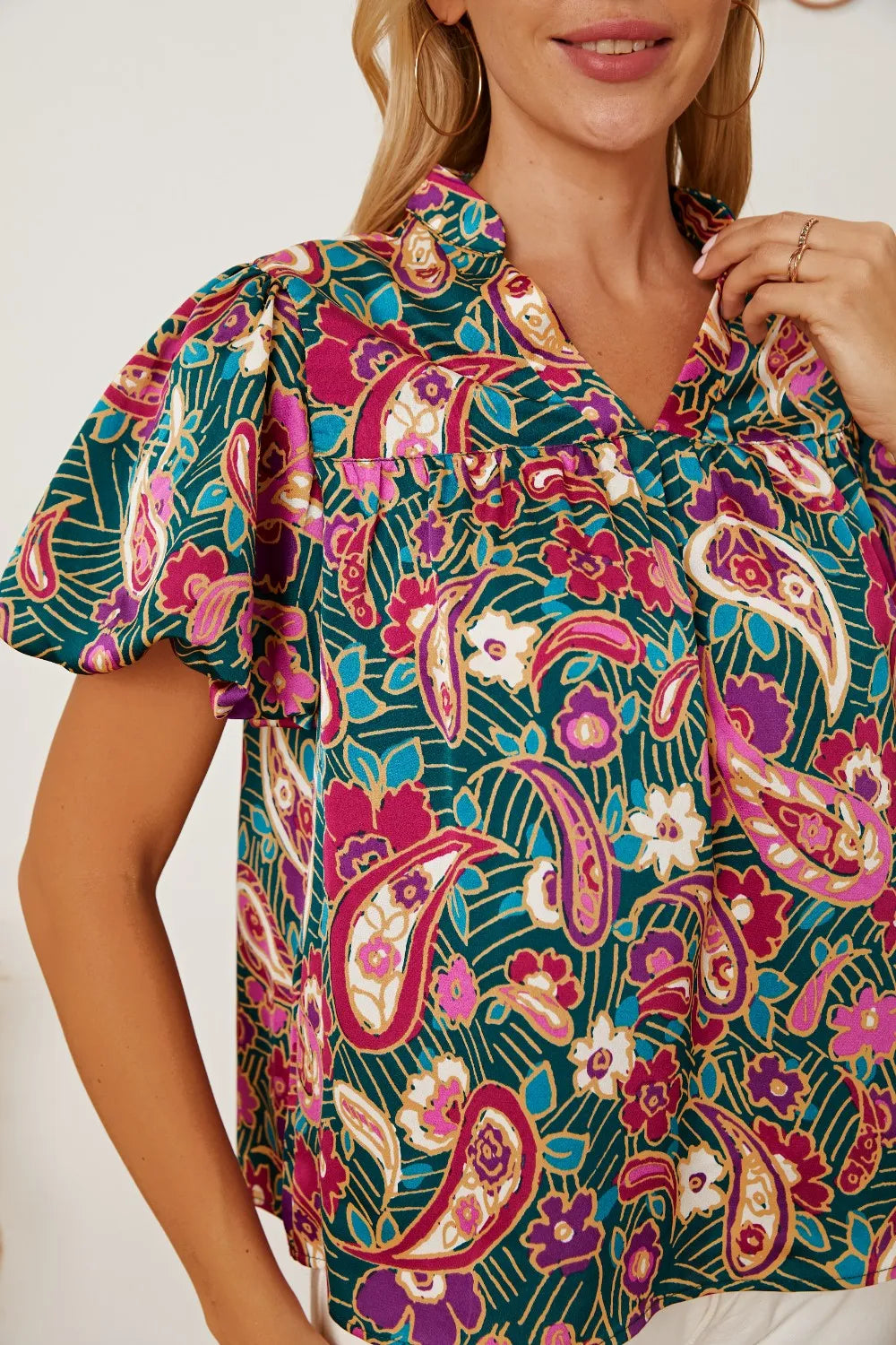 Floral Collared Neck Short Sleeve Blouse - Fashorio
