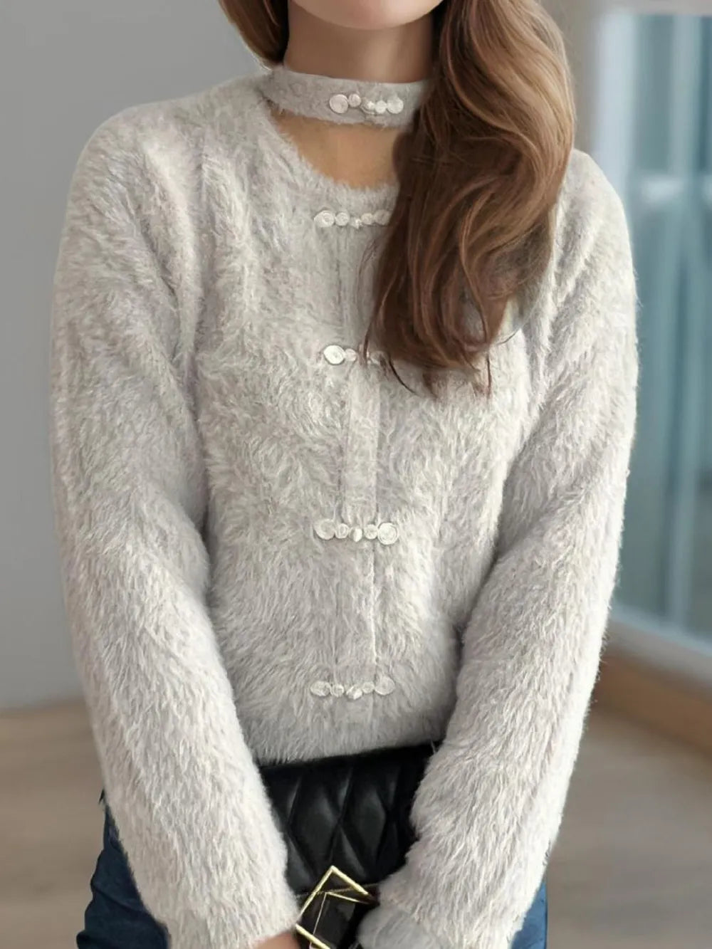 Cutout Knot Button Long Sleeve Cardigan - Fashorio