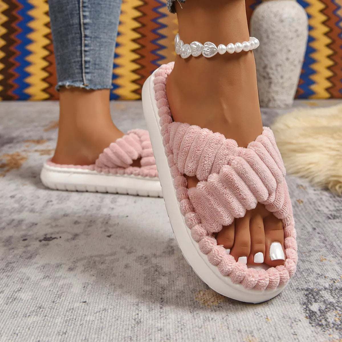 Crisscross Open Toe Platform Slippers Pink - Fashorio