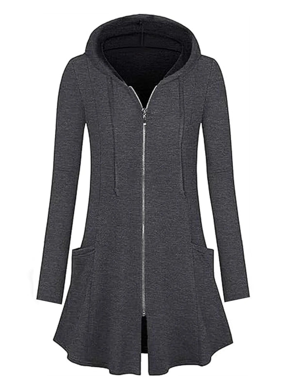 Longline Hooded Zip-Up Cardigan Coat with Flared Hem Gray - Fashorio