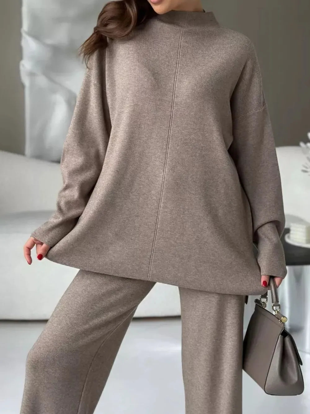 Slit Mock Neck Top and Pants Sweater Set - Fashorio