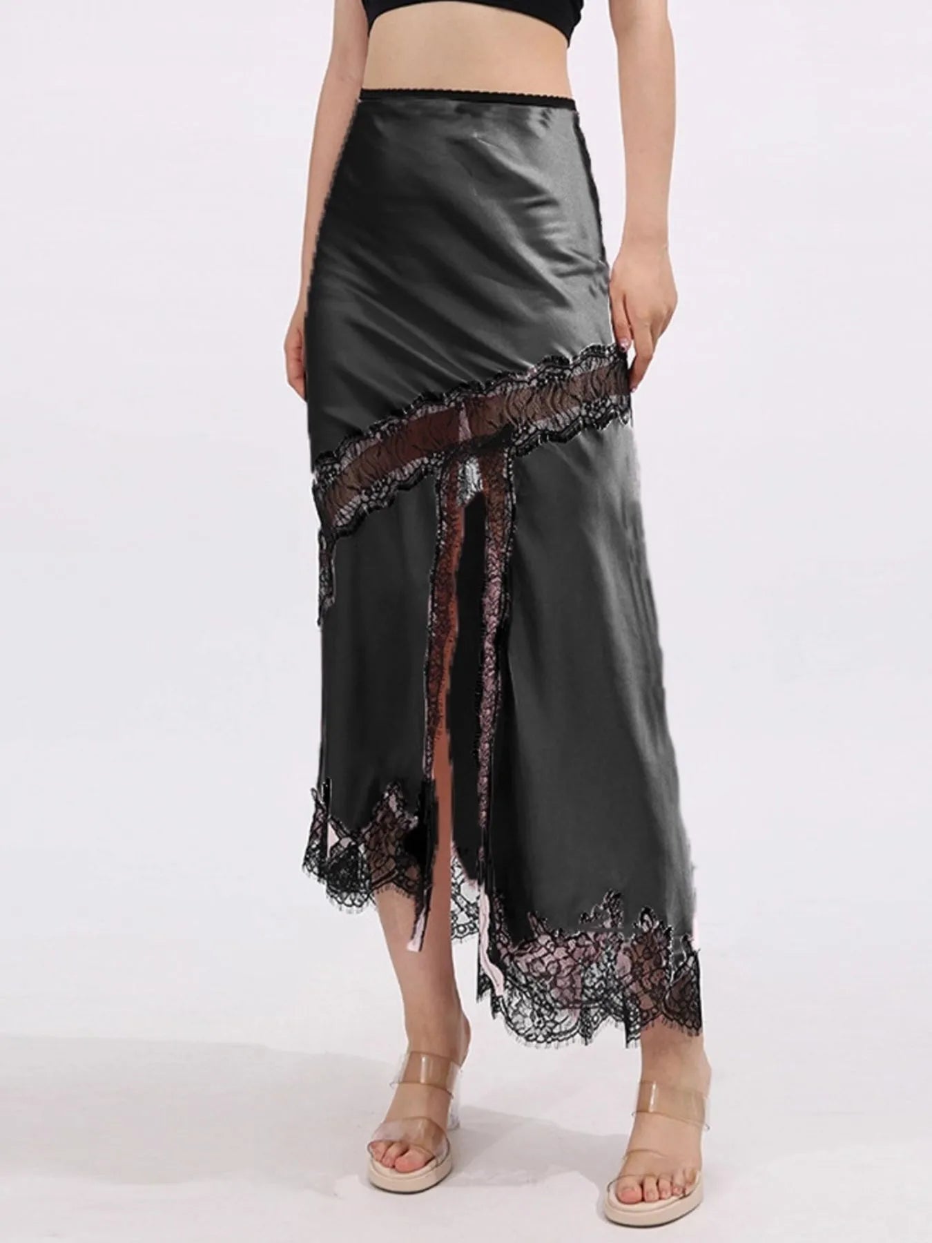 Lace Trim Asymmetrical Midi Skirt Black - Fashorio