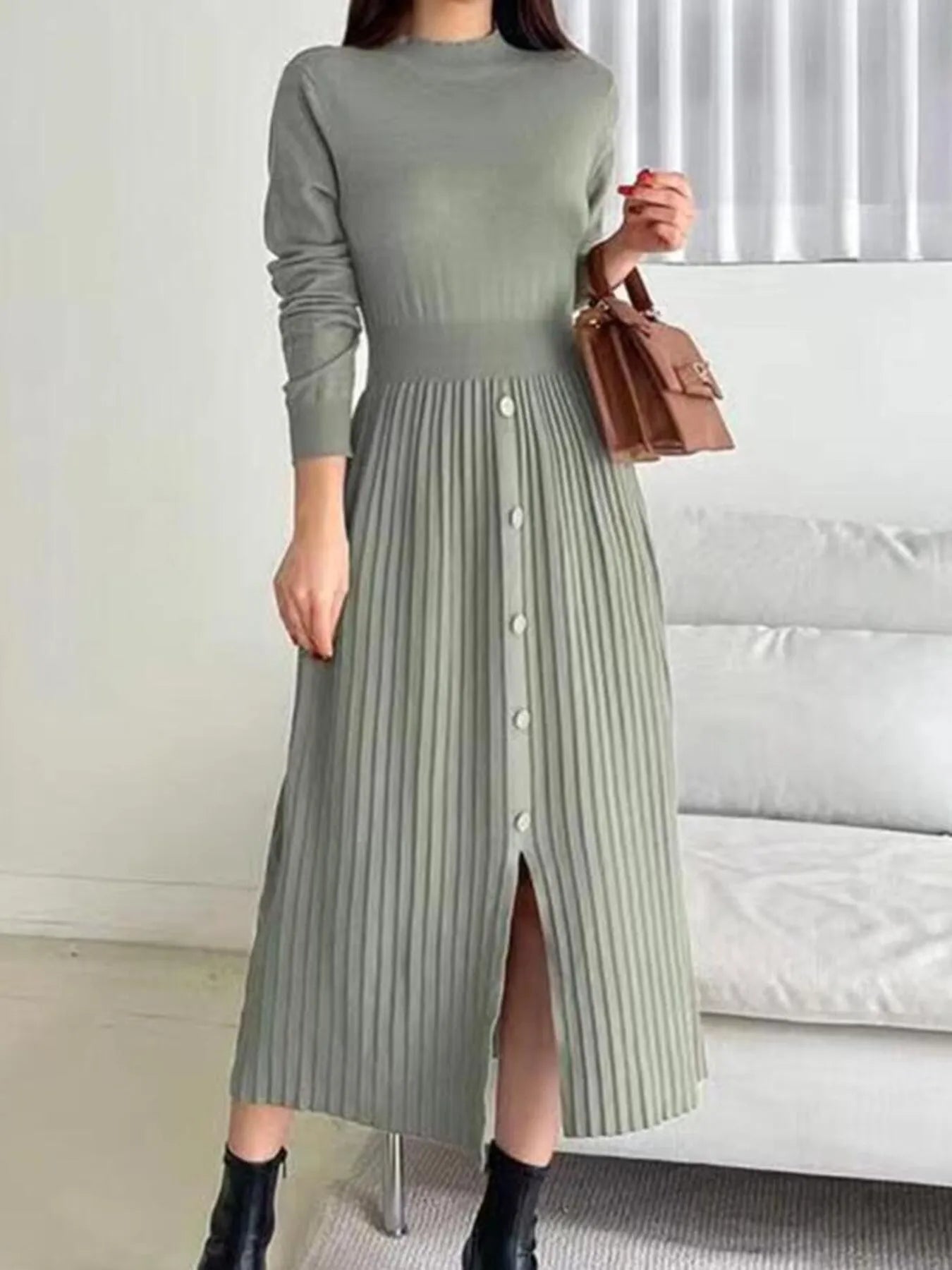 Slit Front Mock Neck Long Sleeve Knit Dress Green - Fashorio