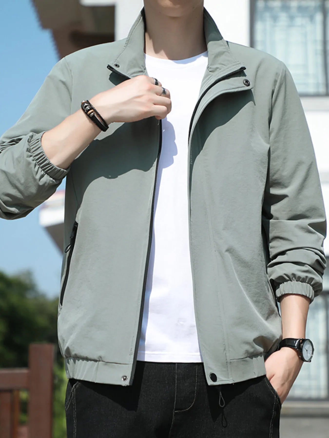 Men's Plus Size Zip Up Long Sleeve Jacket Bean Green - Fashorio
