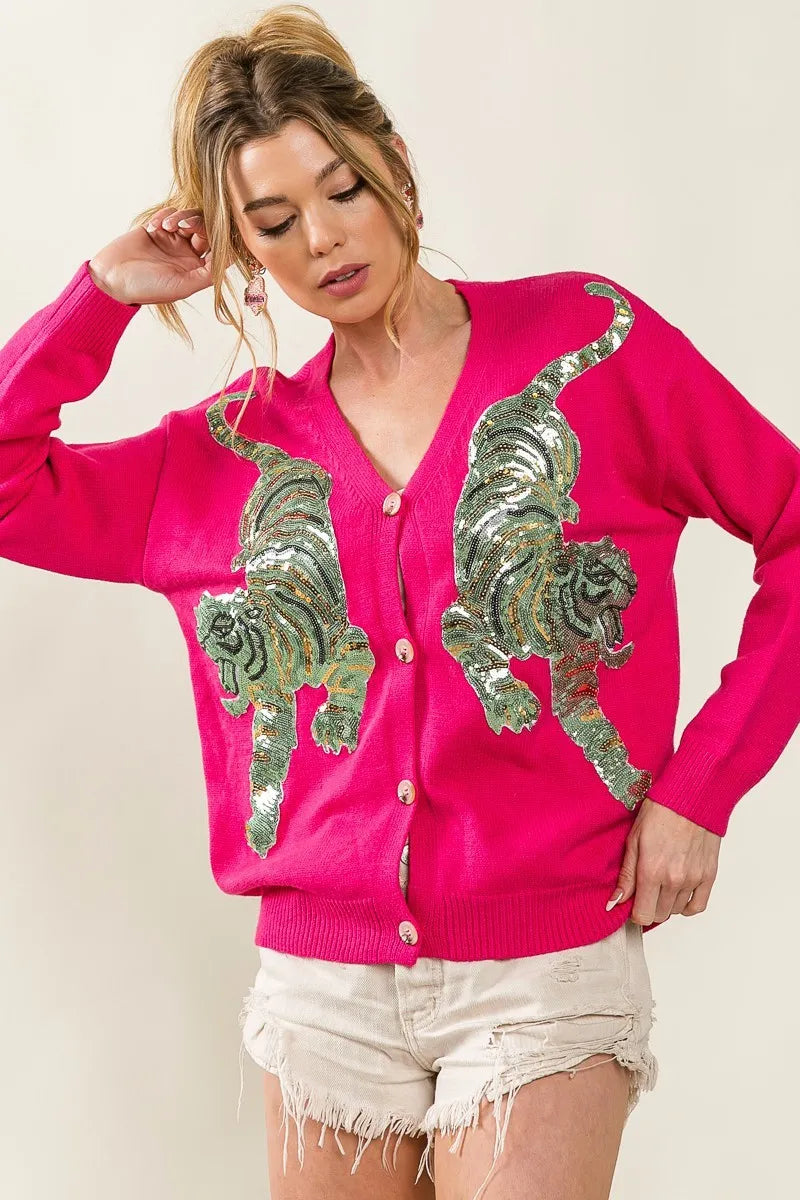 BiBi Front Tiger Sequin Patch V-neck Sweater Cardigan - Fashorio