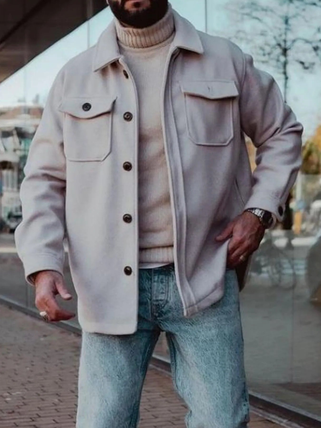 Men's Full Size Button Up Long Sleeve Jacket Plus Size Off-white - Fashorio