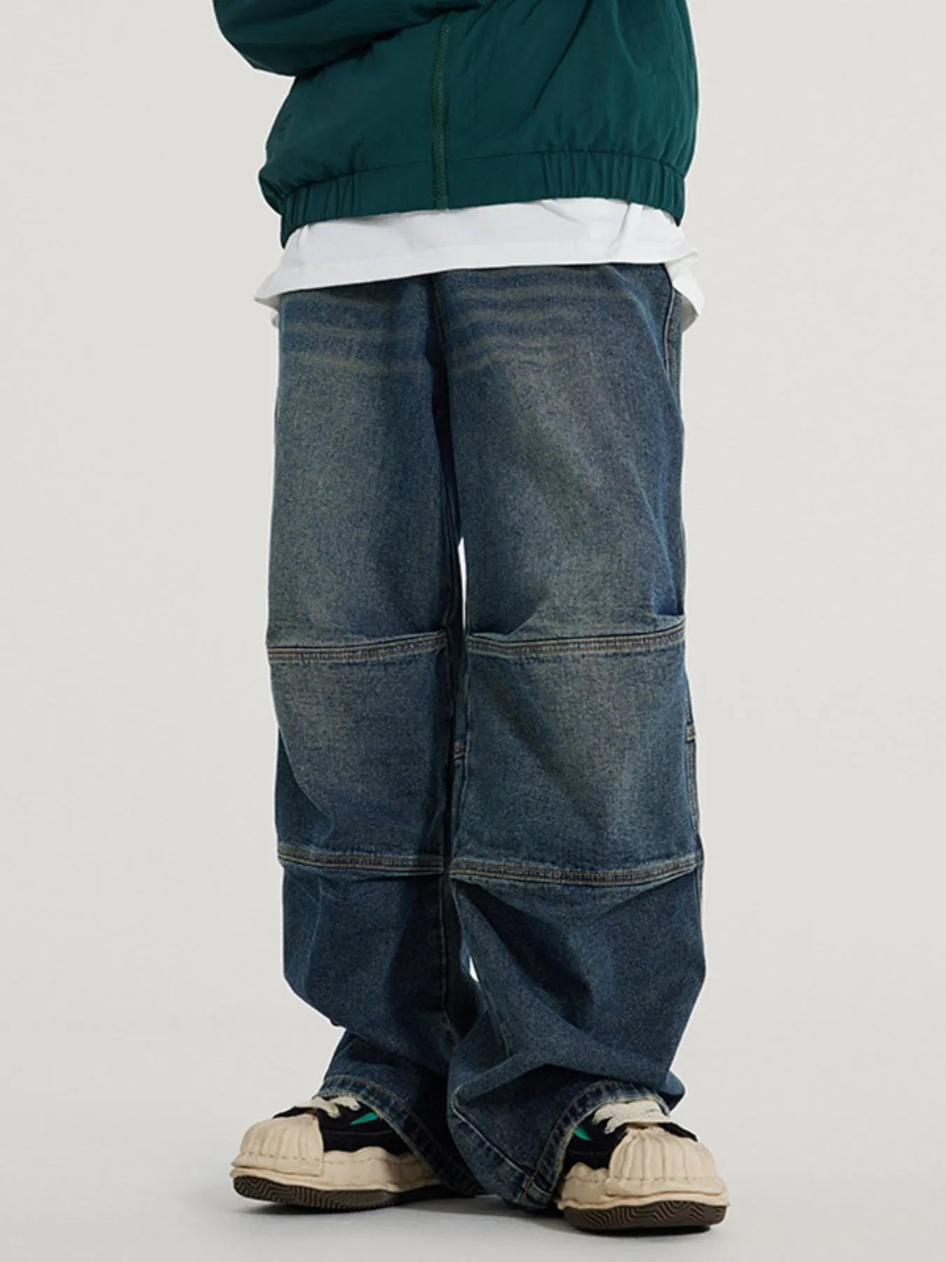 Men's Vintage Wide Leg Utility Jeans with Multi-Panel Design - Fashorio