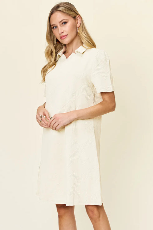 Double Take Full Size Texture Collared Neck Short Sleeve Dress - Fashorio