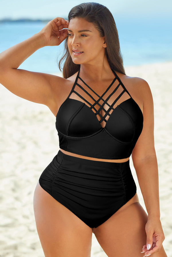 Full Size Halter Neck Crisscross Ruched Two-Piece Swimsuit Black - Fashorio
