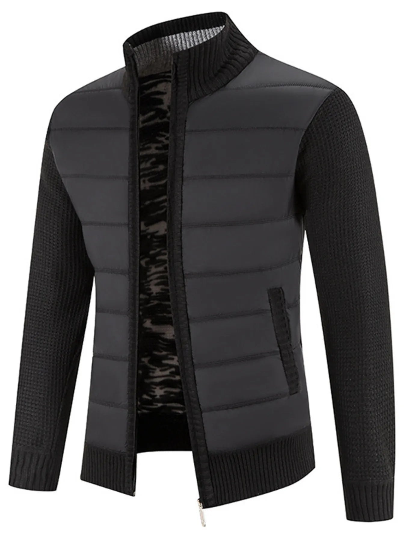 Men's Plus Size Quilted Knit Bomber Jacket with Stand Collar - Fashorio