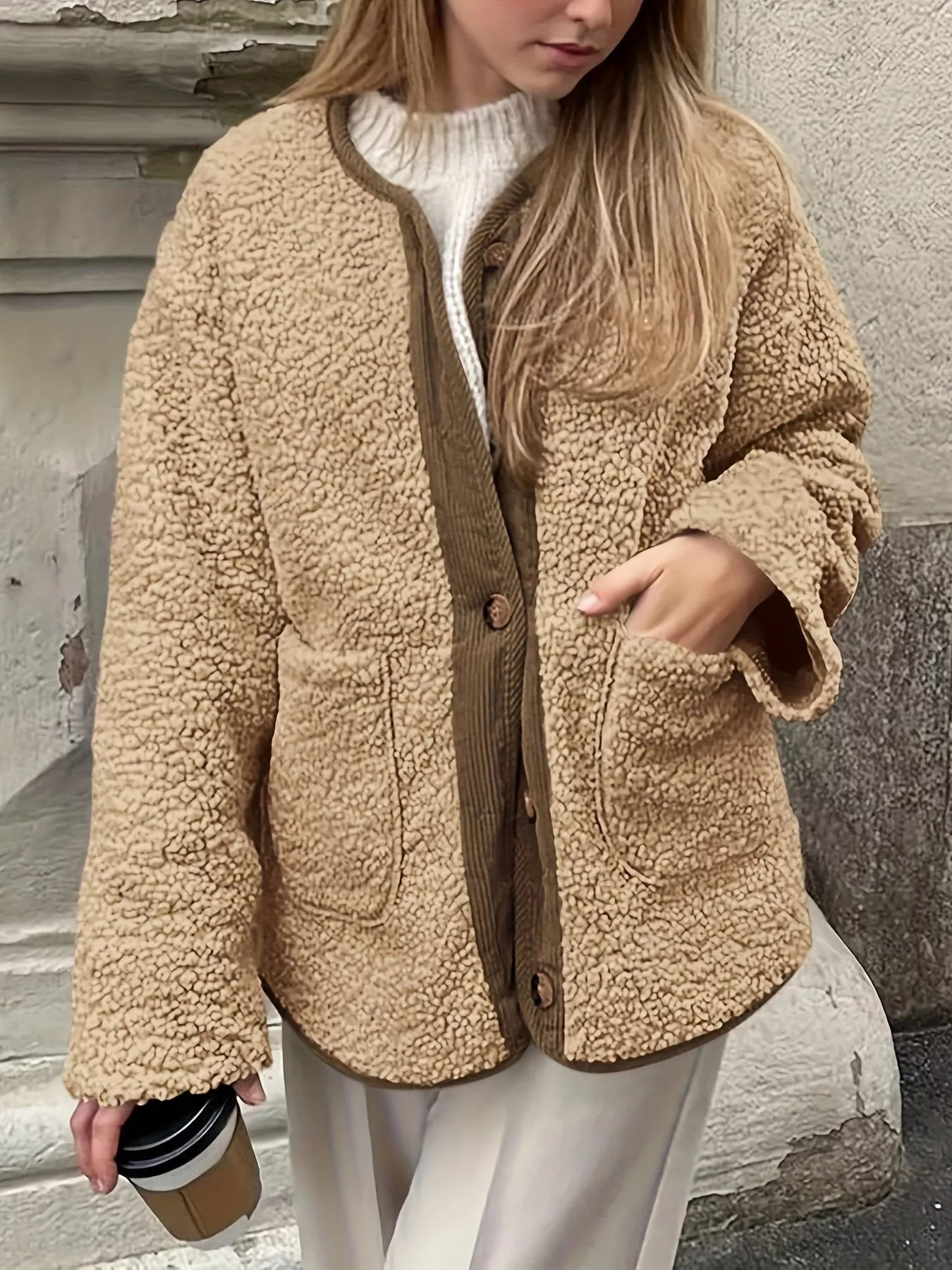 Sherpa Button-Up Outerwear Khaki - Fashorio