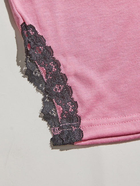 V-Neck Lace Trim Slit Cami and Pants Pajama Set - Fashorio