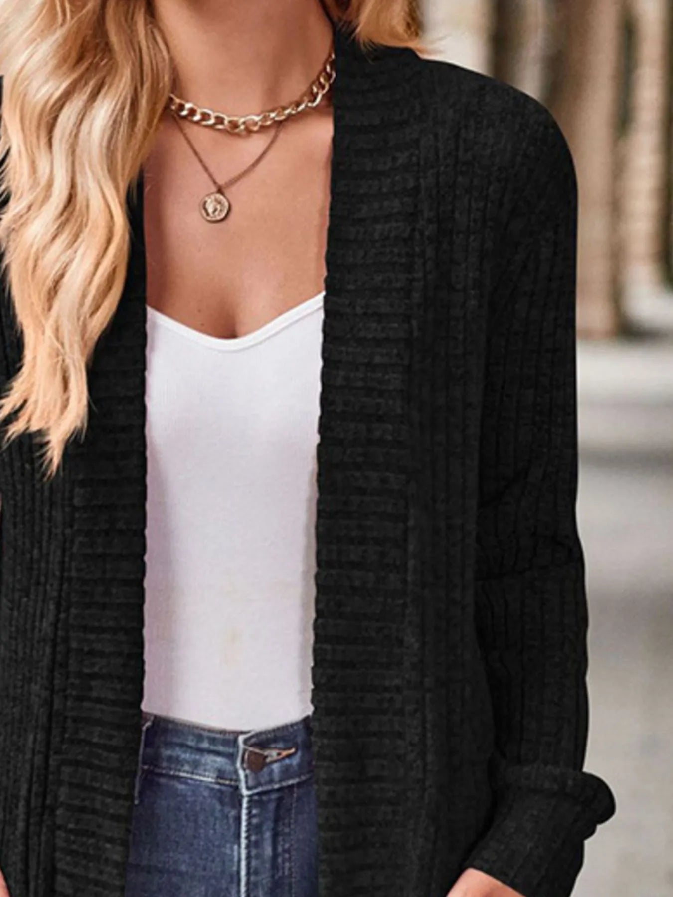 Ribbed Knit Open Front Cardigan with Pockets - Fashorio