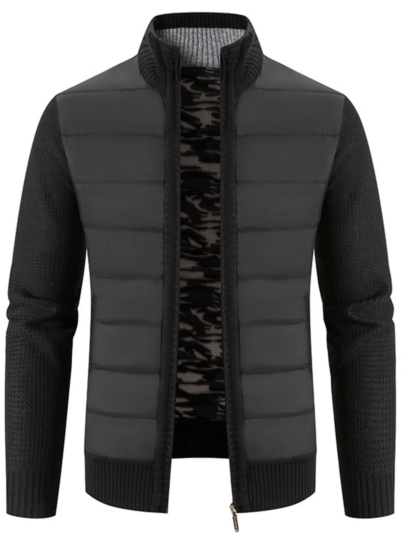 Men's Plus Size Quilted Knit Bomber Jacket with Stand Collar Black - Fashorio