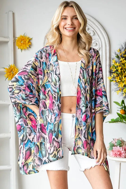 Heimish Full Size Multi Color Snake Open Cardigan Plus Size - Fashorio
